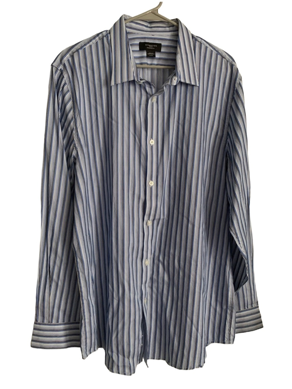 ATTENTION Men’s Modern Fit White Blue Black Stripe Cotton Button Down Shirt